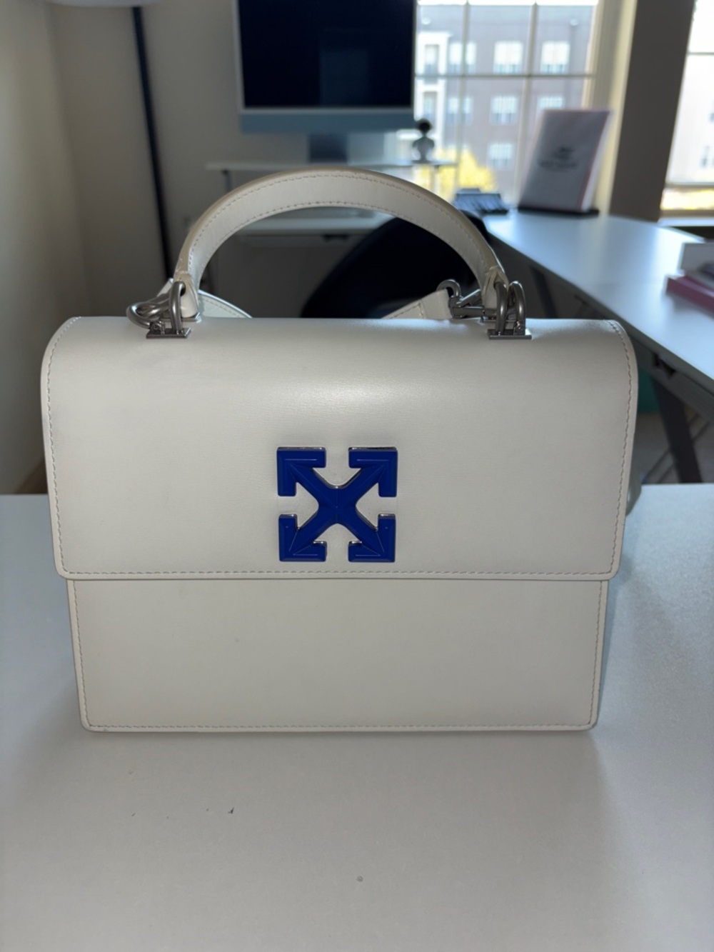 Off-White Jitney 2.8 Top Handle Bag White Royal Blue Logo Crossbody ๐๐๐ - Picture 1 of 7